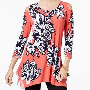 Salmon floral handkerchief hem embellished top